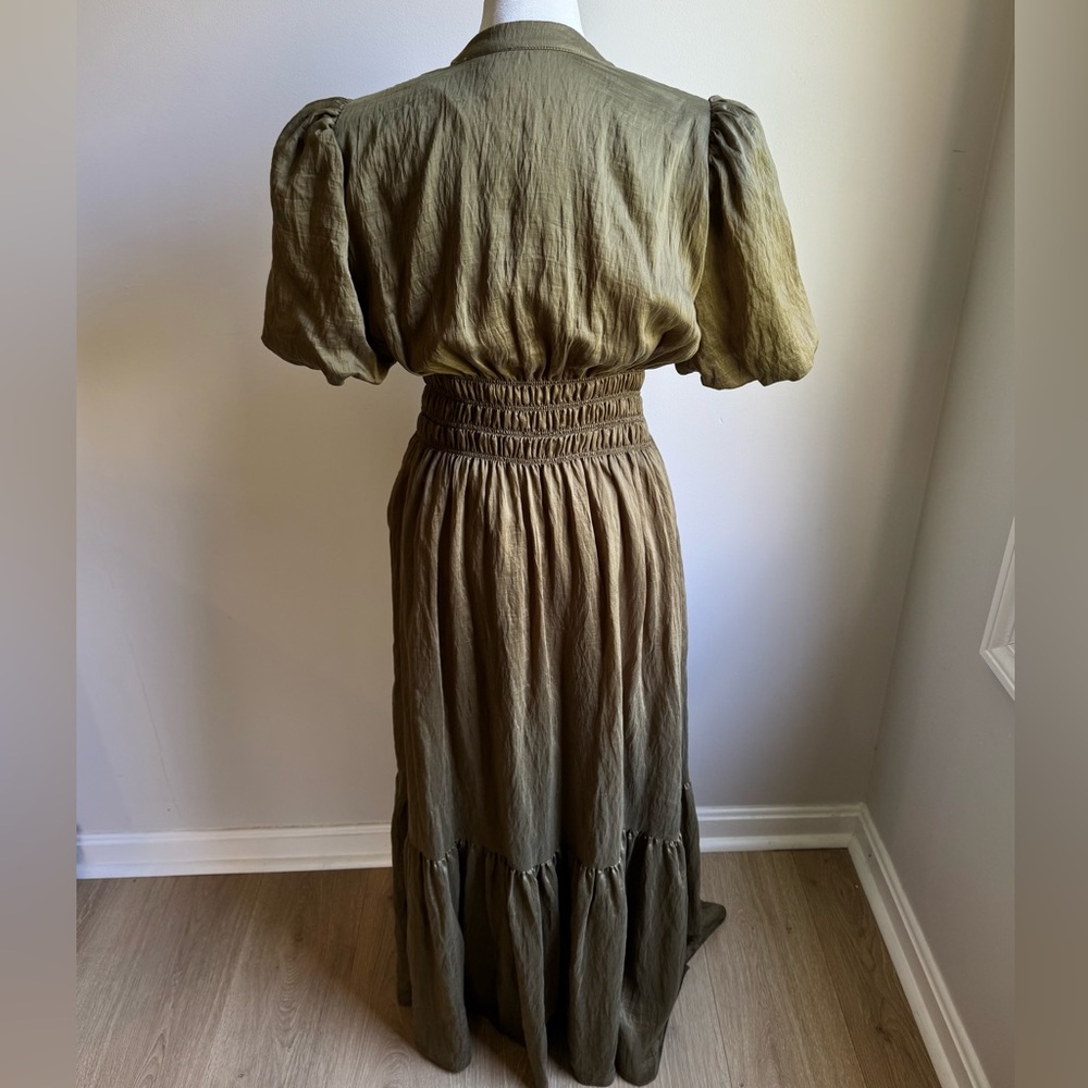 Zarr Collection Olive Green Maxi Women’s Dress Button Front Puff Sleeves Size 6 - Picture 4 of 7